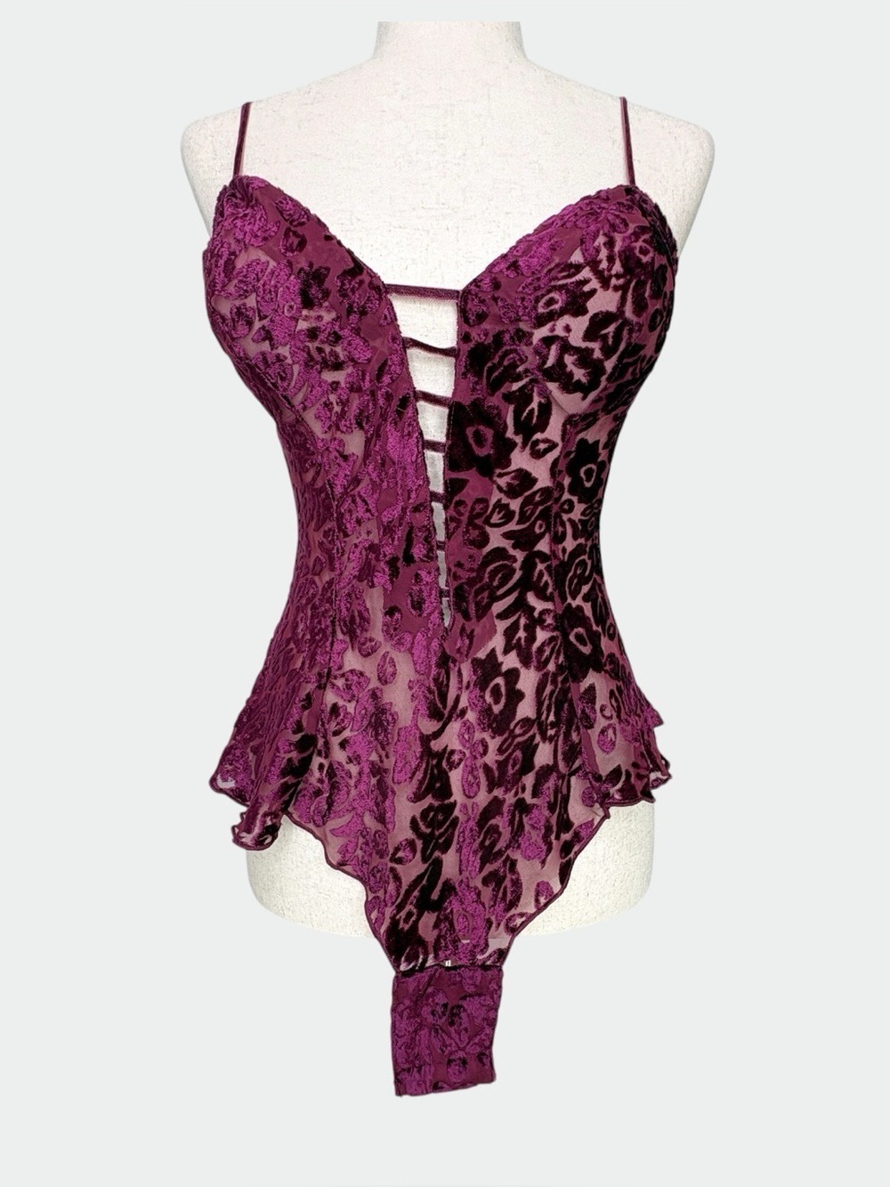 Vtg Victoria Secret Gold Label Burnout Velvet Caged Plunge Bodysuit Whimsigoth P - Picture 9 of 13